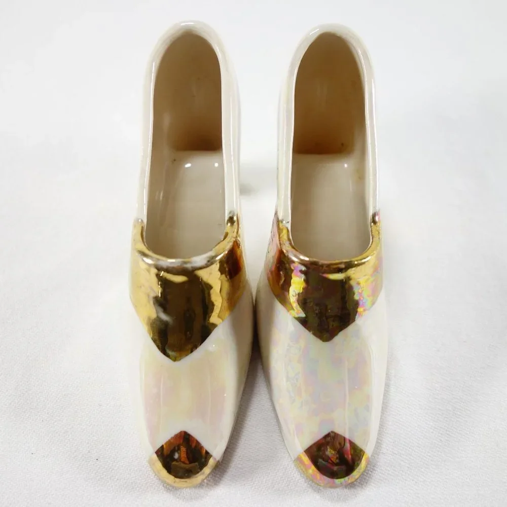 Vintage Collectible Pair of Lustre Porcelain Miniature High Heel Shoes Gold Trim